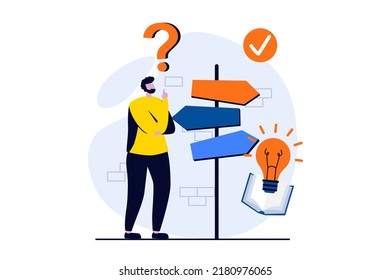 Finding solution concept with people scene in flat cartoon design. Man thinks and chooses direction while standing in front of signs with arrows directions. Vector illustration visual story for web