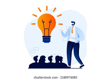 Finding solution concept with people scene in flat cartoon design. Man generates new ideas and brainstorming at conference, communication and collaboration. Vector illustration visual story for web