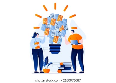 Finding Solution Concept With People Scene In Flat Cartoon Design. Man And Woman Discussing Work Tasks, Brainstorming, Creativity And Idea Generation Together. Vector Illustration Visual Story For Web