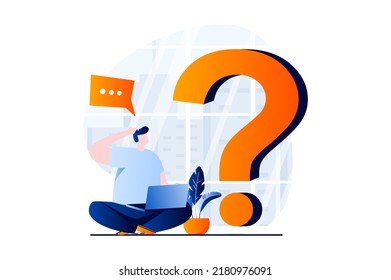 Finding solution concept with people scene in flat cartoon design. Man thinks and looks for answer to question, brainstorming, creativity and idea generation. Vector illustration visual story for web