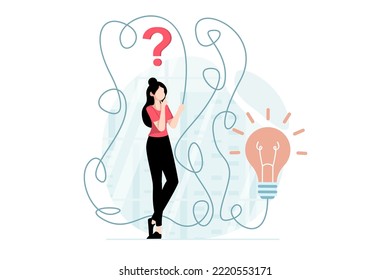 Finding solution concept with people scene in flat design. Woman thinks about questions and looks for right way to discover answers and new ideas. Vector illustration with character situation for web