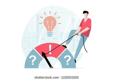 Finding solution concept with people scene in flat design. Man generates new ideas and thinking about questions, tries to find right direction. Vector illustration with character situation for web