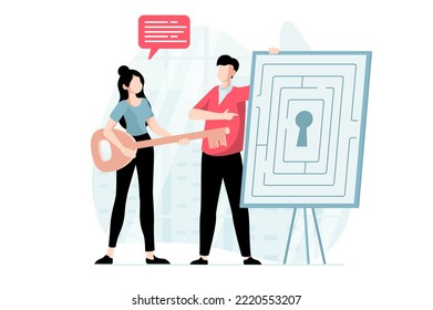 Finding solution concept with people scene in flat design. Man and woman are looking for solutions to solve labyrinth and pick up key to keyhole. Vector illustration with character situation for web