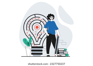 Encontrar el concepto de solución con la escena de personas en diseño plano para web. El hombre encuentra la ruta en el laberinto, la lluvia de ideas y encuentra nuevas oportunidades. Ilustración vectorial para banner de medios sociales, material de marketing.