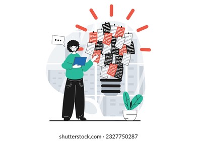 Encontrar el concepto de solución con la escena de personas en diseño plano para web. El hombre crea una estrategia de desarrollo y crea nuevas ideas sobre las notas. Ilustración vectorial para banner de medios sociales, material de marketing.