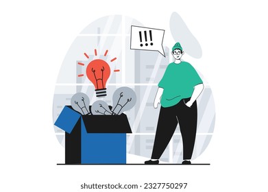 Encontrar el concepto de solución con la escena de personas en diseño plano para web. El hombre da tormentas de ideas y parece ser la mejor idea para el proceso de mejora. Ilustración vectorial para banner de medios sociales, material de marketing.