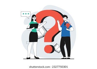 Encontrar el concepto de solución con la escena de personas en diseño plano para web. Hombre y mujer haciendo tormentas de ideas y haciendo preguntas, trabajando en equipo. Ilustración vectorial para banner de medios sociales, material de marketing.