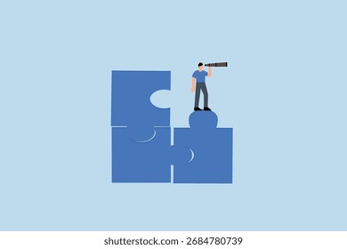 Buscando solución, emprendedor posicionado en un rompecabezas inacabado buscando fragmento ausente 