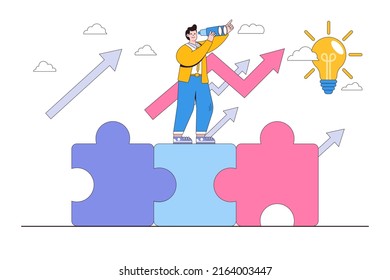 Finding solution to finish or complete a task, leadership mission, or business challenge concepts. Businessman standing on unfinished jigsaw puzzle, with binoculars searching for a missing piece.