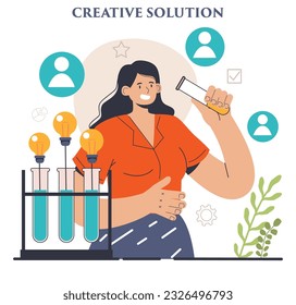 Finding a solution. Generation of a creative idea in a brainstorm. Character coming up with innovative strategy or way to solve a problem or find the answer. Flat vector illustration