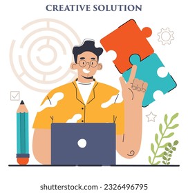 Finding a solution. Generation of a creative idea in a brainstorm. Character coming up with innovative strategy or way to solve a problem or find the answer. Flat vector illustration