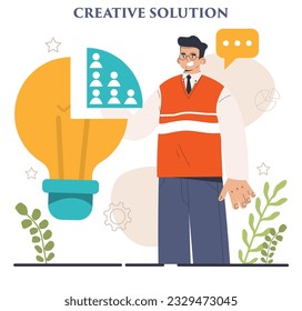Finding a solution. Generation of a creative idea in a brainstorm. Character coming up with innovative strategy or way to solve a problem or find the answer. Flat vector illustration