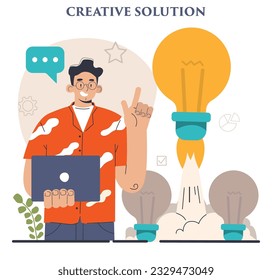Finding a solution. Generation of a creative idea in a brainstorm. Character coming up with innovative strategy or way to solve a problem or find the answer. Flat vector illustration