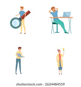 Finding solution icons set cartoon vector. Man and woman making decision. Problem solving
