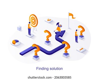 Finding solution isometric web concept. People choose direction moving to goal, aim at target, think questions. Brainstorming, creativity scene. Vector illustration for website template in 3d design