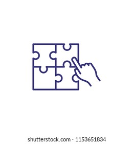 Finding solution line icon. Human hand doing puzzle. Problem solving concept. Can be used for topics like business, management, challenge, decision making