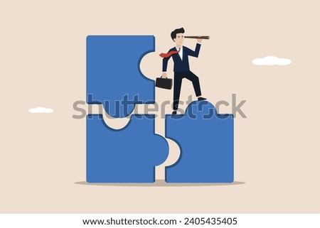 Finding a solution or looking for the last missing piece to complete or complete a work or business leadership mission, businessman looking for the missing piece of the puzzle using a telescope.