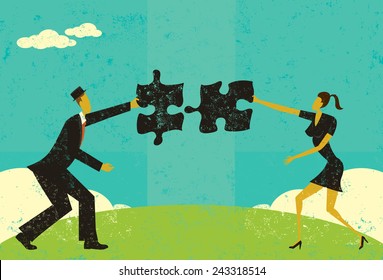 Finding a solution A man and woman connecting puzzle pieces to find the solution. The man and woman are on a separate labeled layer from the background.