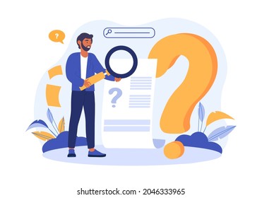 Finding solution to problem. Leader analyzes question about business and looks for answer. Man chooses path of development. Question mark. Cartoon flat vector illustration isolated on white background