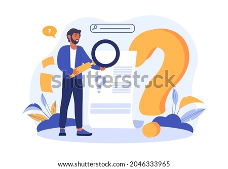 Finding solution to problem. Leader analyzes question about business and looks for answer. Man chooses path of development. Question mark. Cartoon flat vector illustration isolated on white background