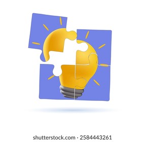 Finding solution, problem solving 3D illustration. Jigsaw puzzle concept with lightbulb for creative solutions. Collaboration, enterprise cooperation, assistance concept. Vector isolated concept