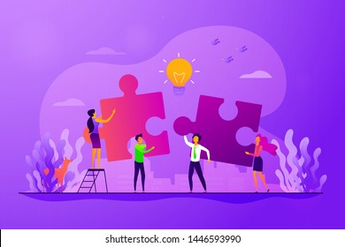 Finding solution, problem solving. Teamwork and partnership. Working team collaboration, enterprise cooperation, colleagues mutual assistance concept. Vector isolated concept creative illustration