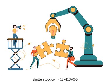 Finding solution, problem solving. Teamwork and partnership. Working team collaboration, enterprise cooperation, colleagues mutual assistance concept. Vector isolated concept creative illustration