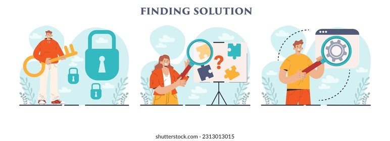 Finding a solution set. Generation of a creative idea in a brainstorm. Character coming up with innovative strategy or way to solve a problem or find the answer. Flat vector illustration