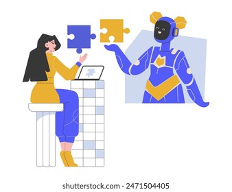 Finding a solution together with a neural network. Girl and android with puzzle pieces. Analyzing information, solving problems, eliminating problems. Use of artificial intelligence. Vector flat.