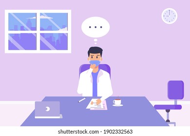 Encontrar el concepto de vector de solución: Médico masculino pensando en la solución en el hospital mientras usa máscara facial con habla en la nube sobre la cabeza