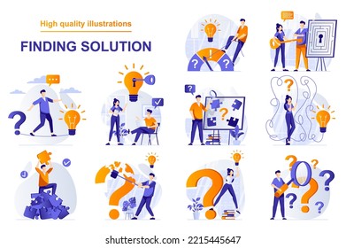 Finding solution web concept with people scenes set in flat style. Bundle of brainstorming, human creativity, generate ideas, thinking questions, challenge. Vector illustration with character design