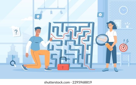 Finding solutions to business problems. Business thinking, strategic decision making. People thinks and looks for way out of labyrinth. Flat cartoon vector illustration with people characters