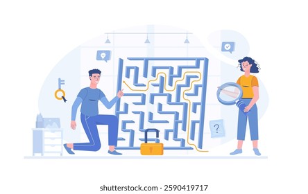 Finding solutions to business problems. Business thinking, strategic decision making. Vector illustration with characters in flat design for web banner.	

