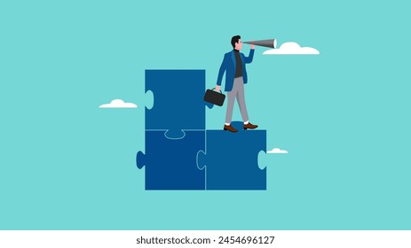 finding solutions to complete the work with businessman standing on an incomplete puzzle using binoculars to look for missing pieces, responsibility for work, leadership mission in facing problems