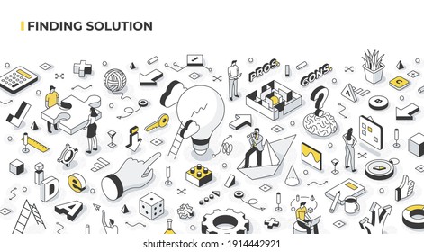 Finding solutions and logical thinking concept. People solving problems and making decisions. Success and strategic thinking in business. Abstract isometric vector illustration