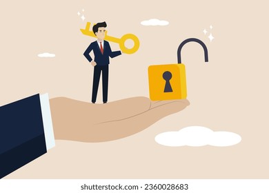 Finding solutions to problems, ending problems, success in overcoming obstacles. Smart businessman managed to open the lock with the key standing on his big hand. Illustration of a successful business