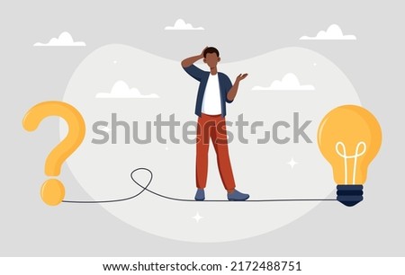 Finding solutions to problems. Young guy standing on rope stretched between question mark and light bulb. Human thought process. Creativity and logical thinking. Cartoon flat vector illustration.