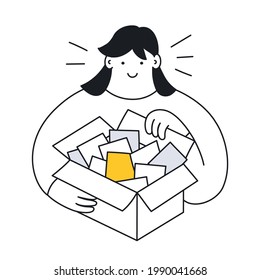 Finding Something Important Into The Heap. The Key Element, The Main Feature Of The Product, The Right Idea, Market Fit. Cute Girl Holding The Box With Cards Inside, One Of Them Is Bright. Thin Line