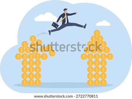 Finding stability from instability or risk, and staying away from avoiding risk or risk, the merchant jumps from a wobbly collapsing pile of gold coins to a stable pile of gold coins
