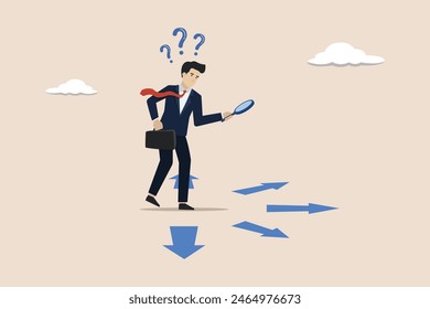 Finding success route, analyze to make decision choices, directions or pathway to success concept, businessman analyze career path with magnifying glass.
