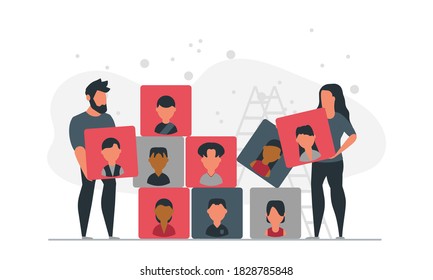 Encontrar un candidato adecuado para un trabajo por parte de un empleador. La gente despojó a los trabajadores no calificados y buscó ilustraciones vectoriales de concepto de talento