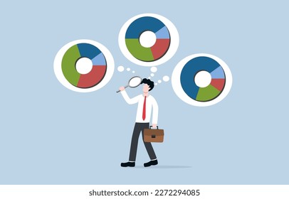 Finding suitable investment portfolio type or appropriate asset allocation, considering diversification, investment strategy concept, Businessman holding magnifier to analyze pie charts.