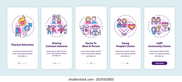 Finding suitable partner onboarding mobile app page screen with concepts. Physical attraction walkthrough 5 steps graphic instructions. UI, UX, GUI vector template with linear color illustrations
