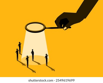 Finding Talent. Big Hands with Magnifying Glass Recruiting People. vector