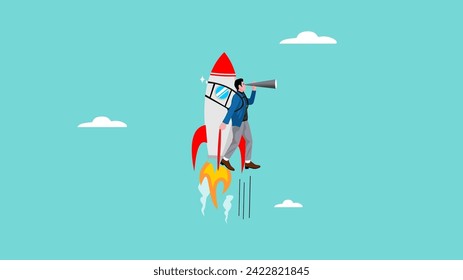 búsqueda de mercados objetivo mediante la puesta en marcha de nuevas empresas, estrategia y gestión de la puesta en marcha de empresas, empresario que vuela utilizando un cohete mientras observa el mercado objetivo con un telescopio ilustrativo vectorial