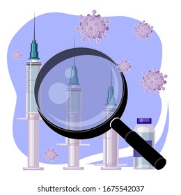 Finding and testing a new vaccine- syringe and bottle with vaccine for protection against viruses, disease causing microorganisms, coronavirus. Preventive medicine concept - flat vector illustration