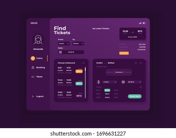 Búsqueda de entradas para la plantilla vectorial de interfaz de Tablet aplicación. Diseño de modo nocturno de aplicación móvil. Cuenta de usuario con la pantalla de lista de viajes. Interfaz de usuario plana para la aplicación. Pantalla de dispositivo portátil
