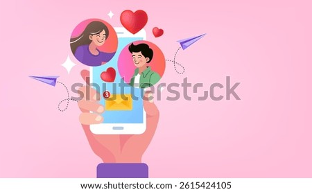 Finding True Love. Couple match in online application on smartphone. Dating App Concept: Person Uses Smartphone for Browsing Social Media Dating Application. Screen Shows Matching with Partner. vector