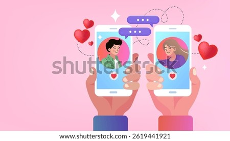Finding True Love. Couple match in online application on smartphone. Dating App Concept: Person Uses Smartphone for Browsing Social Media Dating Application. Screen Shows Matching with Partner. vector