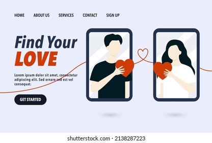 Finding true love landing page template. Happy couple in love holding heart. Dating app, virtual romantic relationship, perfect match concept. Flat vector character design illustrations.